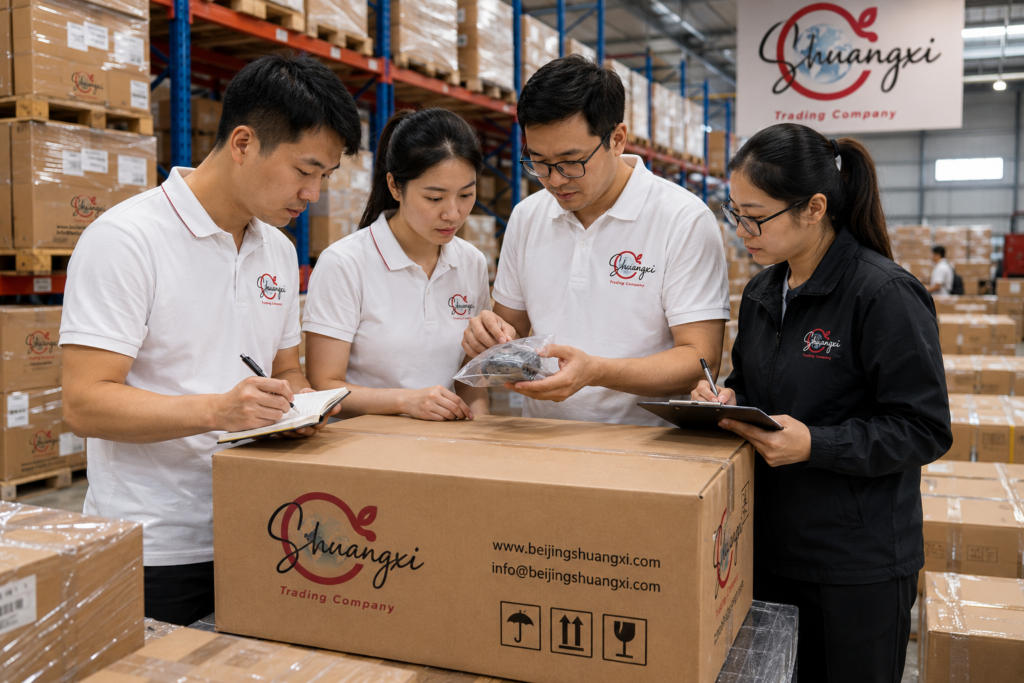 Equipo de Beijing Shuangxi Trading Company realizando inspección y control de calidad de productos en almacén de China